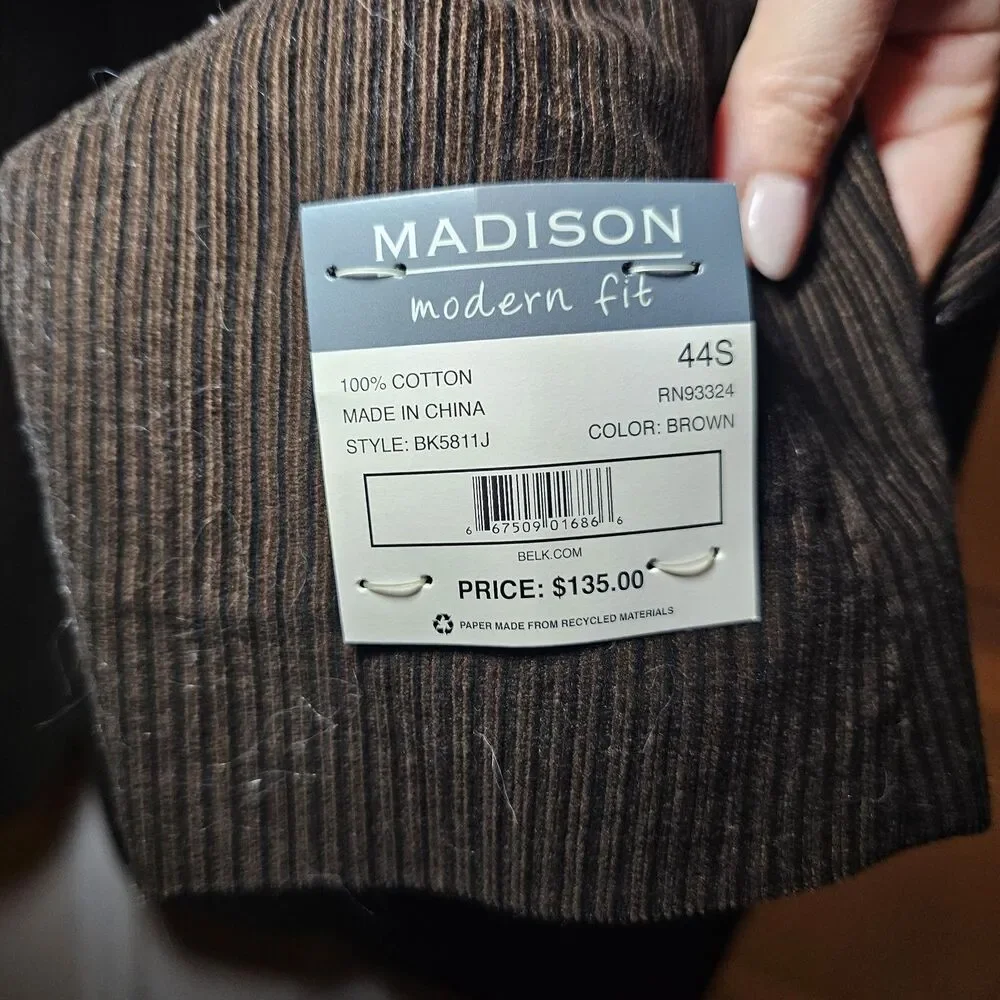 Madison Corduroy Pinstripe Brown Sport Coat Mens 44S NWT